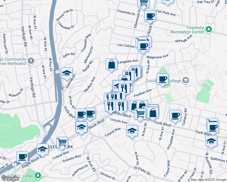 map of restaurants, bars, coffee shops, grocery stores, and more near 4460 Ellenwood Drive in Los Angeles