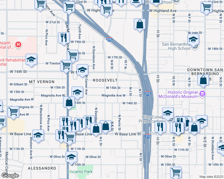 map of restaurants, bars, coffee shops, grocery stores, and more near 1071 West 15th Street in San Bernardino