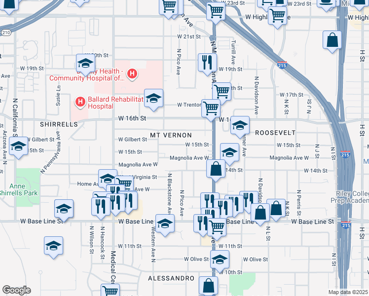 map of restaurants, bars, coffee shops, grocery stores, and more near 1407 West 15th Street in San Bernardino
