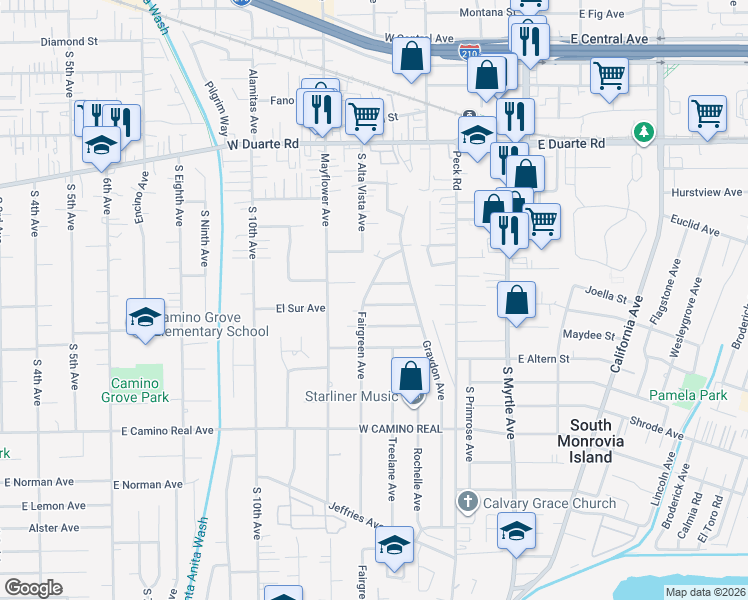 map of restaurants, bars, coffee shops, grocery stores, and more near 253 West El Sur Street in Monrovia