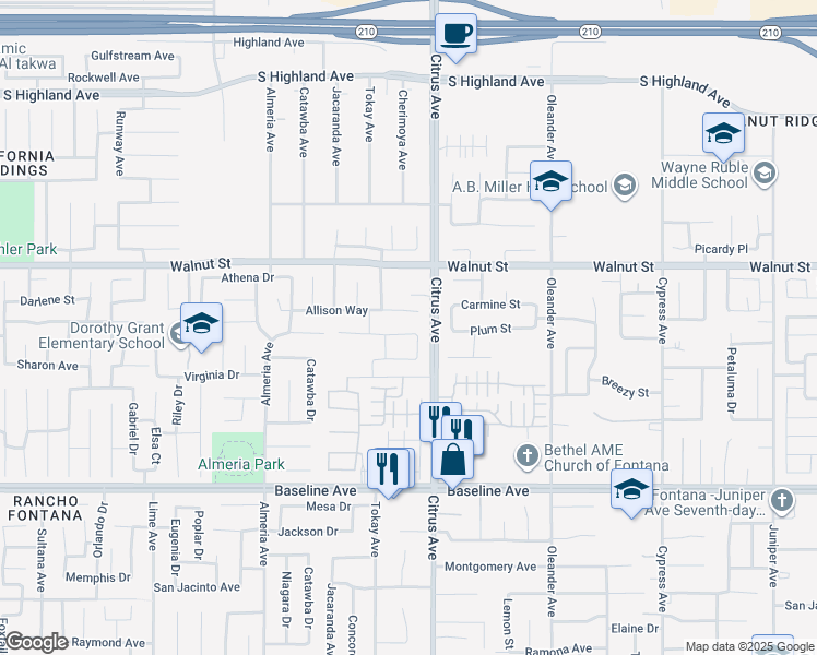 map of restaurants, bars, coffee shops, grocery stores, and more near 16050 Cascade Drive in Fontana