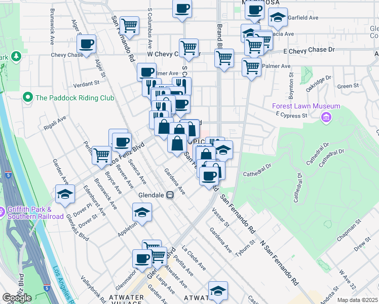 map of restaurants, bars, coffee shops, grocery stores, and more near 222 West Eulalia Street in Glendale