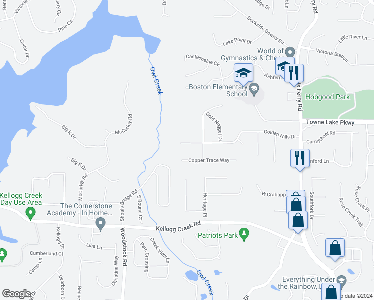 map of restaurants, bars, coffee shops, grocery stores, and more near 143 Golden Hills Drive in Woodstock