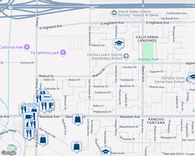 map of restaurants, bars, coffee shops, grocery stores, and more near 14958 Oak Valley Drive in Fontana