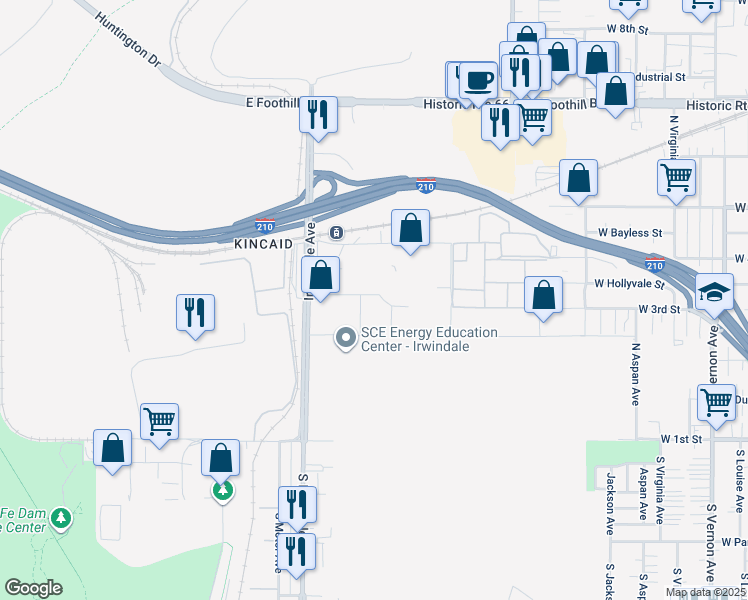 map of restaurants, bars, coffee shops, grocery stores, and more near 16018 Adelante Street in Irwindale