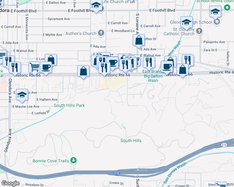 map of restaurants, bars, coffee shops, grocery stores, and more near 715 South Elwood Avenue in Glendora