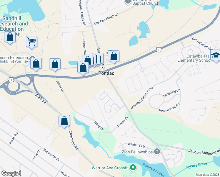 map of restaurants, bars, coffee shops, grocery stores, and more near 130 Spears Creek Church Road in Elgin
