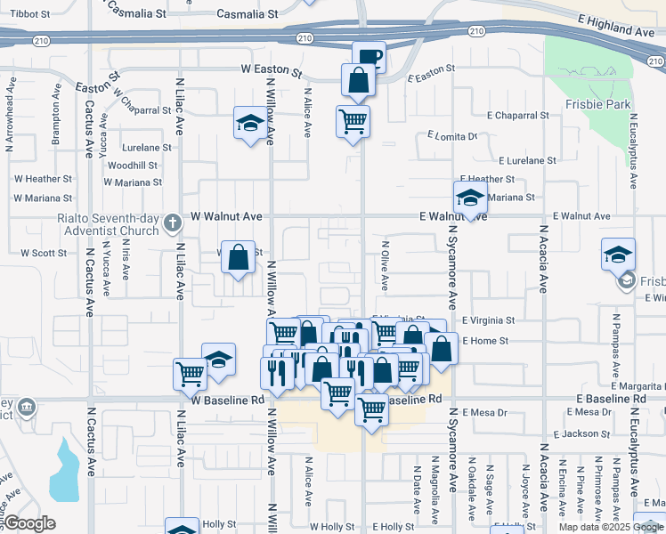 map of restaurants, bars, coffee shops, grocery stores, and more near 160 West Cascade Drive in Rialto