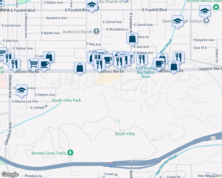 map of restaurants, bars, coffee shops, grocery stores, and more near 715 South Elwood Avenue in Glendora