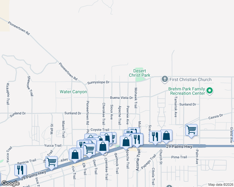map of restaurants, bars, coffee shops, grocery stores, and more near 6974 Apache Trail in Yucca Valley