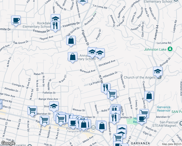map of restaurants, bars, coffee shops, grocery stores, and more near 6018 Burwood Avenue in Los Angeles