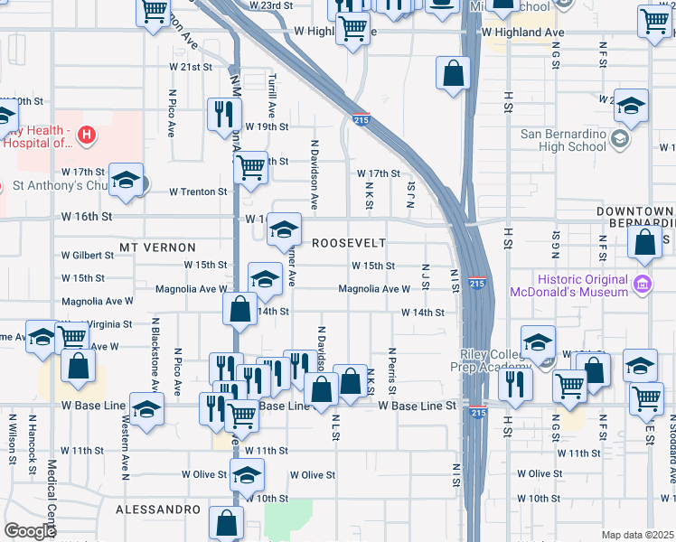 map of restaurants, bars, coffee shops, grocery stores, and more near 1123 West 15th Street in San Bernardino