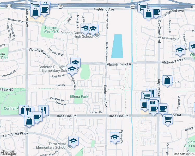 map of restaurants, bars, coffee shops, grocery stores, and more near 7020 Pozallo Place in Rancho Cucamonga