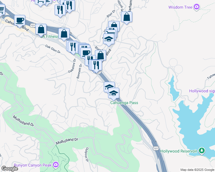 map of restaurants, bars, coffee shops, grocery stores, and more near Cahuenga Blvd W & Oakcrest Dr in Los Angeles