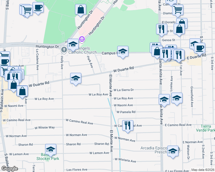 map of restaurants, bars, coffee shops, grocery stores, and more near 1203 El Monte Avenue in Arcadia