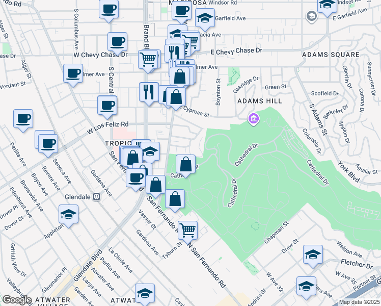 map of restaurants, bars, coffee shops, grocery stores, and more near 349 Mission Road in Glendale