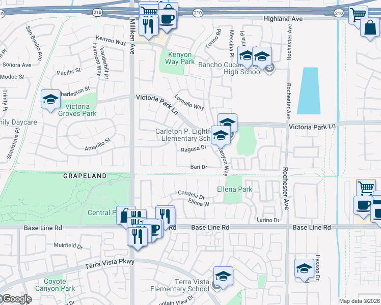 map of restaurants, bars, coffee shops, grocery stores, and more near 11535 Ragusa Drive in Rancho Cucamonga