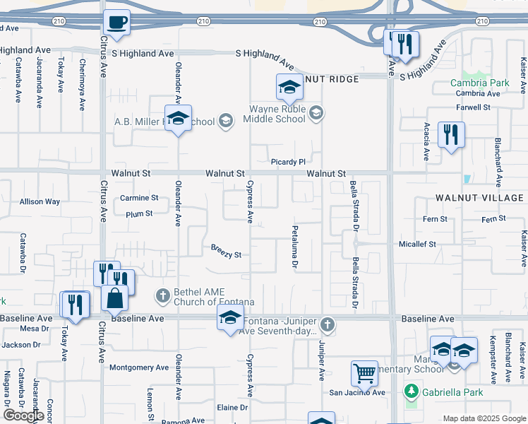 map of restaurants, bars, coffee shops, grocery stores, and more near 16539 Pismo Way in Fontana