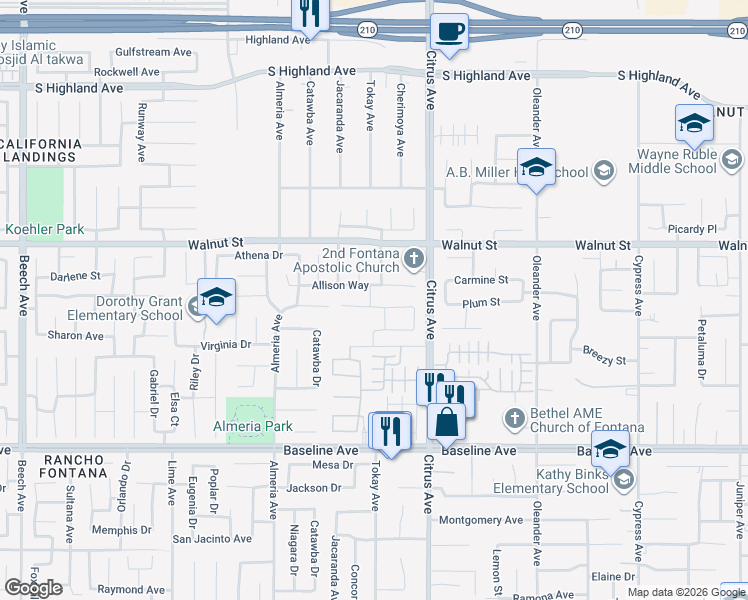 map of restaurants, bars, coffee shops, grocery stores, and more near 15996 Cascade Drive in Fontana