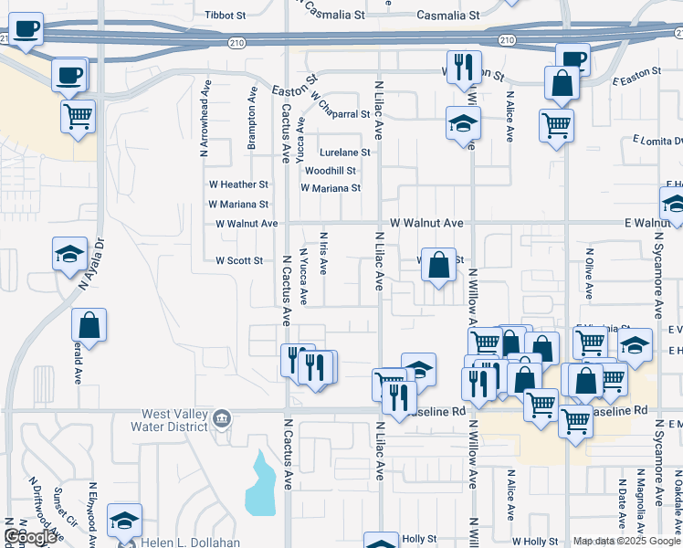 map of restaurants, bars, coffee shops, grocery stores, and more near 588 W Cascade Dr in Rialto