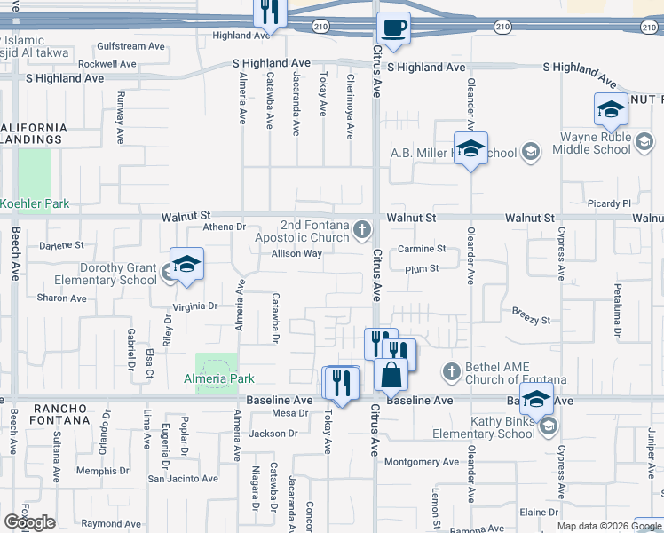 map of restaurants, bars, coffee shops, grocery stores, and more near 15996 Cascade Drive in Fontana