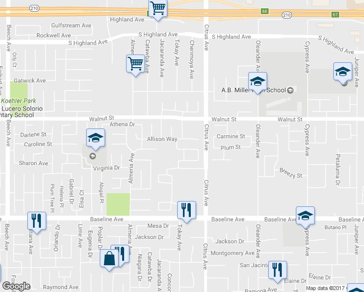 map of restaurants, bars, coffee shops, grocery stores, and more near 16004 Cascade Drive in Fontana