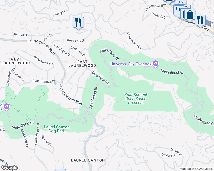 map of restaurants, bars, coffee shops, grocery stores, and more near 7979 Mulholland Drive in Los Angeles
