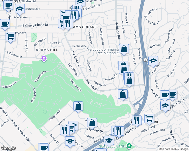 map of restaurants, bars, coffee shops, grocery stores, and more near 1627 Marion Drive in Glendale