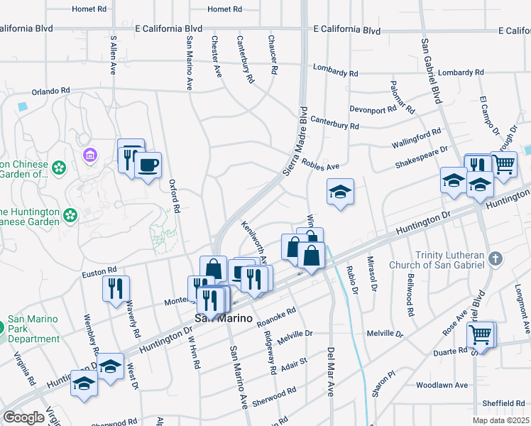 map of restaurants, bars, coffee shops, grocery stores, and more near 2449 Ridgeway Road in San Marino