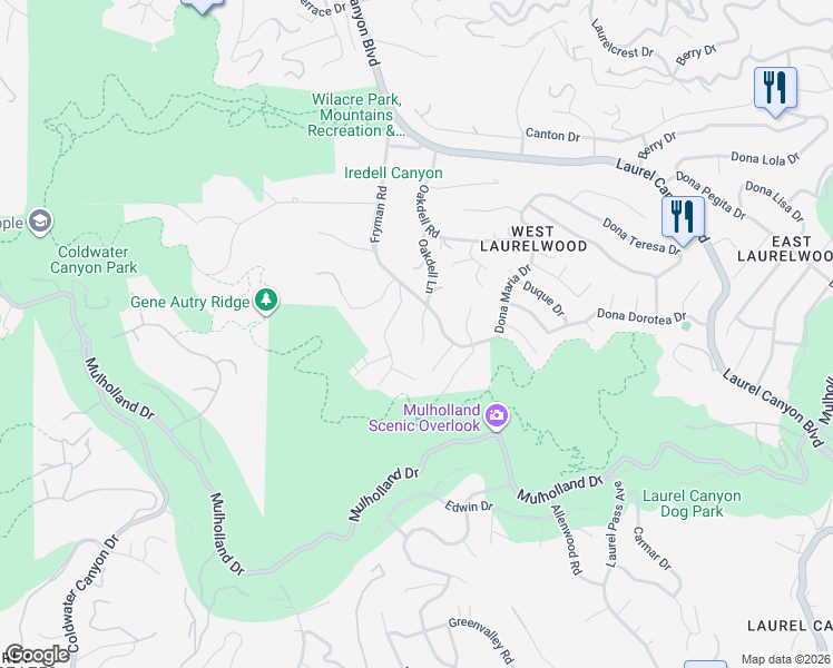 map of restaurants, bars, coffee shops, grocery stores, and more near 3141 Oakdell Lane in Los Angeles