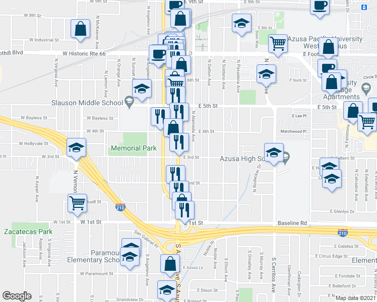 map of restaurants, bars, coffee shops, grocery stores, and more near 311 North Alameda Avenue in Azusa