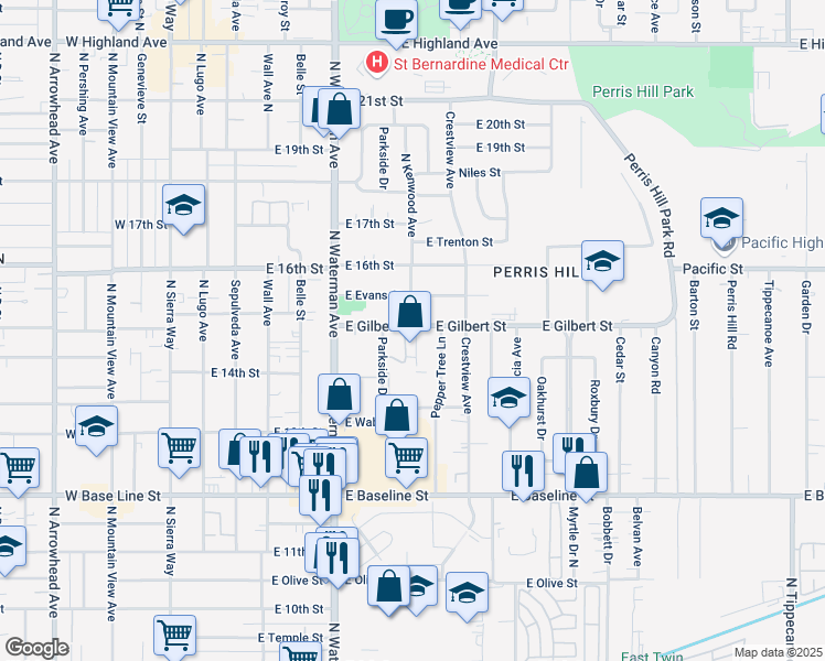 map of restaurants, bars, coffee shops, grocery stores, and more near 461 East Gilbert Street in San Bernardino