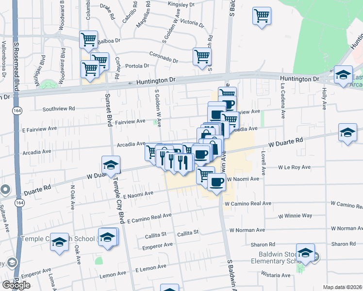 map of restaurants, bars, coffee shops, grocery stores, and more near 840 Arcadia Avenue in Arcadia