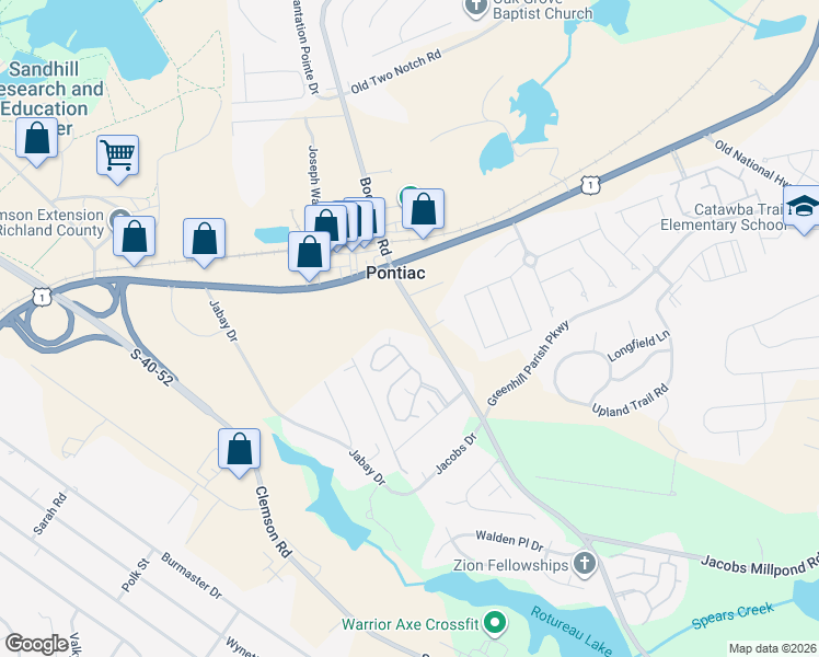 map of restaurants, bars, coffee shops, grocery stores, and more near 130 Spears Creek Church Road in Elgin