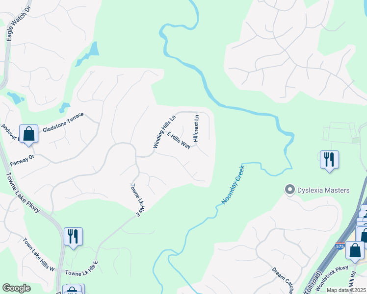 map of restaurants, bars, coffee shops, grocery stores, and more near 7014 East Hills Way in Woodstock
