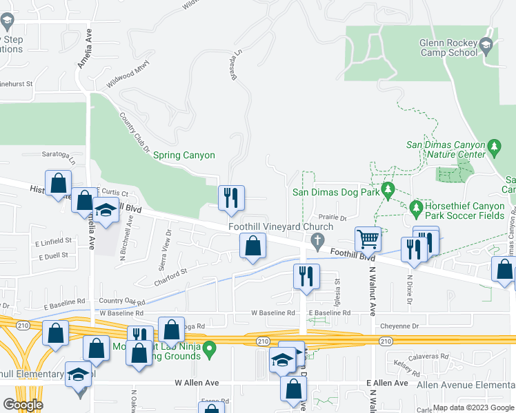 map of restaurants, bars, coffee shops, grocery stores, and more near 2750 West Dalepark Drive in San Dimas