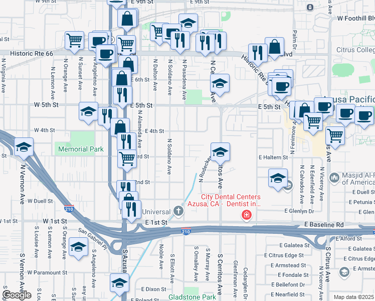 map of restaurants, bars, coffee shops, grocery stores, and more near 310 North Pasadena Avenue in Azusa