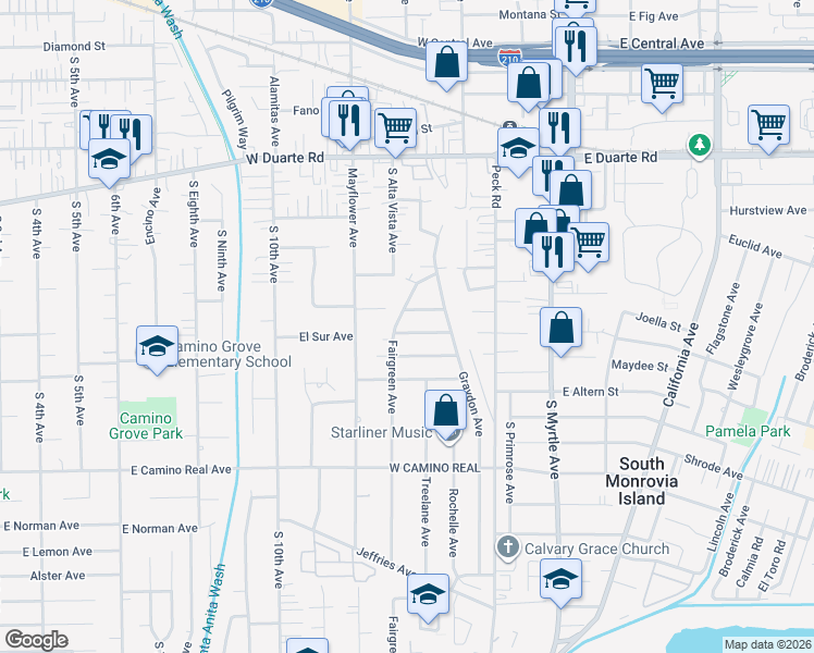 map of restaurants, bars, coffee shops, grocery stores, and more near 253 West El Sur Street in Monrovia