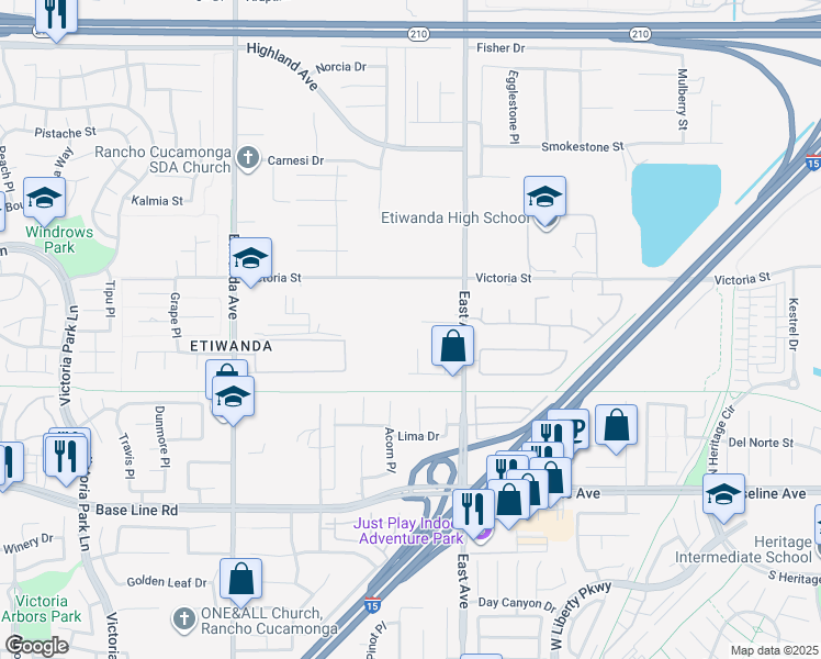 map of restaurants, bars, coffee shops, grocery stores, and more near 13245 Owens Court in Rancho Cucamonga
