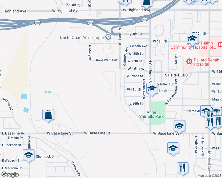map of restaurants, bars, coffee shops, grocery stores, and more near 2145 Hanford Street in San Bernardino