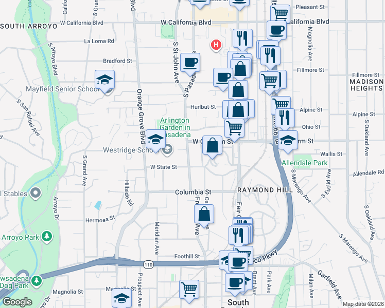 map of restaurants, bars, coffee shops, grocery stores, and more near 1112 South Pasadena Avenue in Pasadena