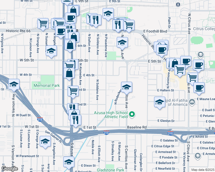 map of restaurants, bars, coffee shops, grocery stores, and more near 310 North Pasadena Avenue in Azusa