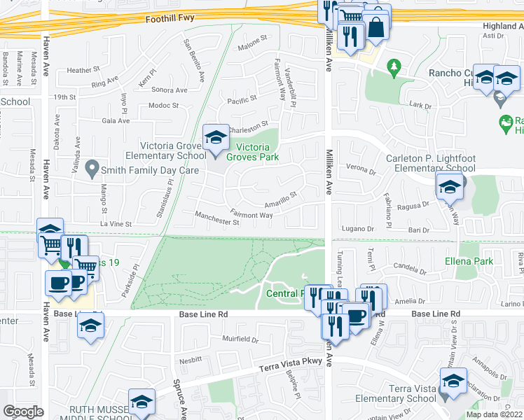 map of restaurants, bars, coffee shops, grocery stores, and more near 11123 Amarillo Street in Rancho Cucamonga