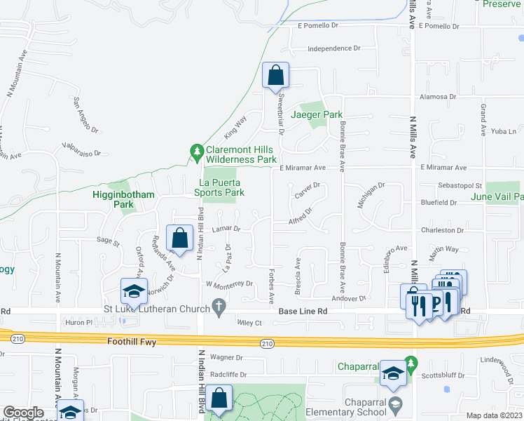 map of restaurants, bars, coffee shops, grocery stores, and more near 2324 Dana Court in Claremont