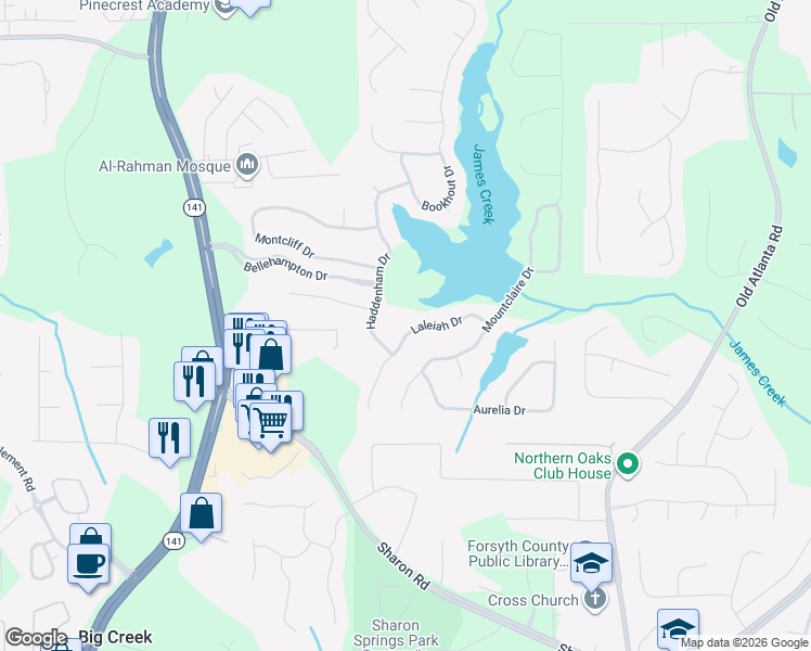 map of restaurants, bars, coffee shops, grocery stores, and more near 1550 Laleiah Drive in Cumming
