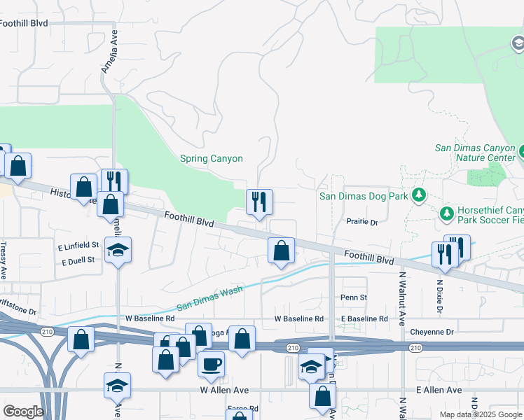 map of restaurants, bars, coffee shops, grocery stores, and more near 1332 North Cataract Avenue in San Dimas
