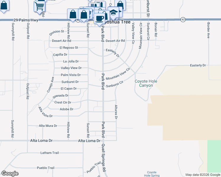 map of restaurants, bars, coffee shops, grocery stores, and more near 61851 Sunburst Circle in Joshua Tree