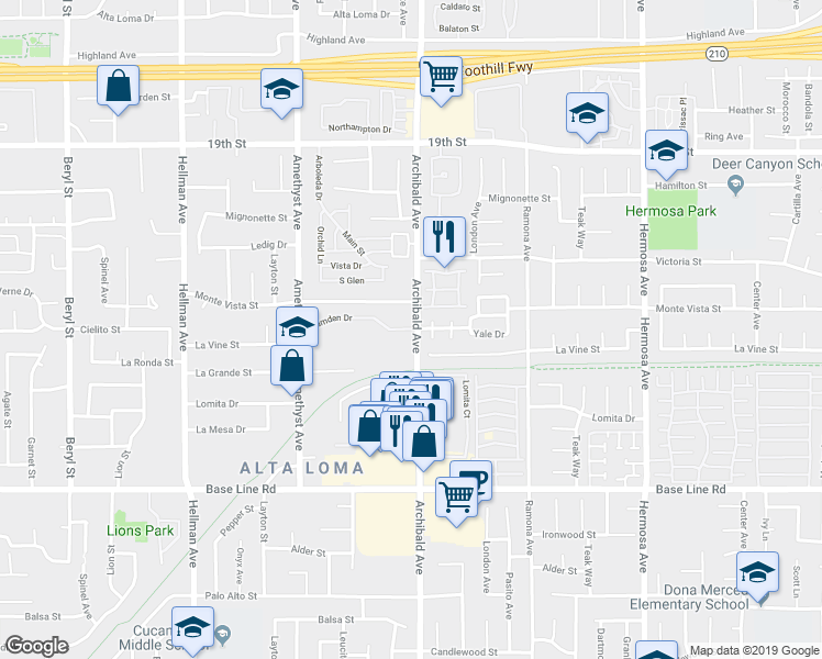 map of restaurants, bars, coffee shops, grocery stores, and more near 7040 Camden Drive in Rancho Cucamonga