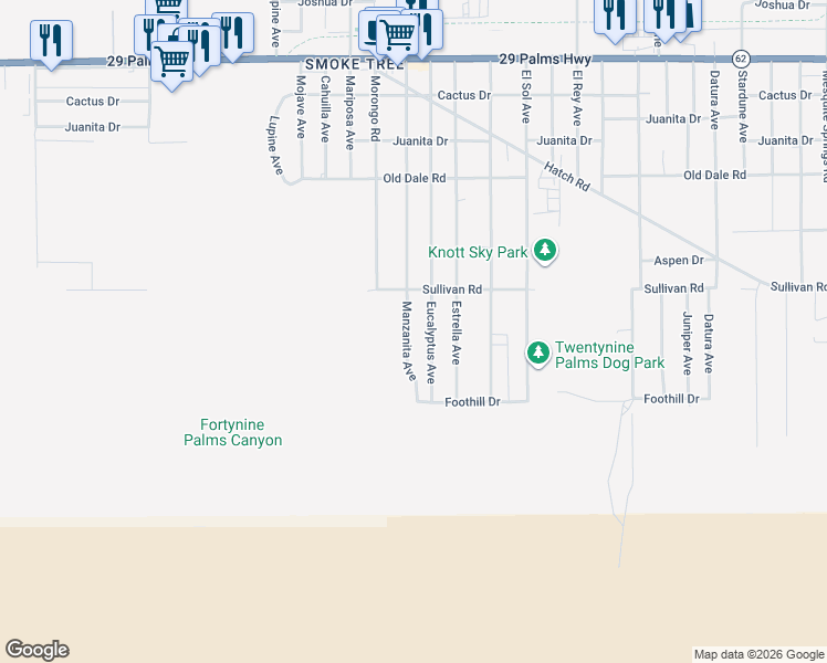 map of restaurants, bars, coffee shops, grocery stores, and more near 6969 Manzanita Avenue in Twentynine Palms