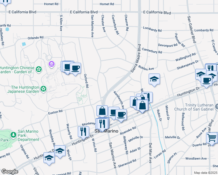 map of restaurants, bars, coffee shops, grocery stores, and more near 1200 Oakwood Drive in San Marino